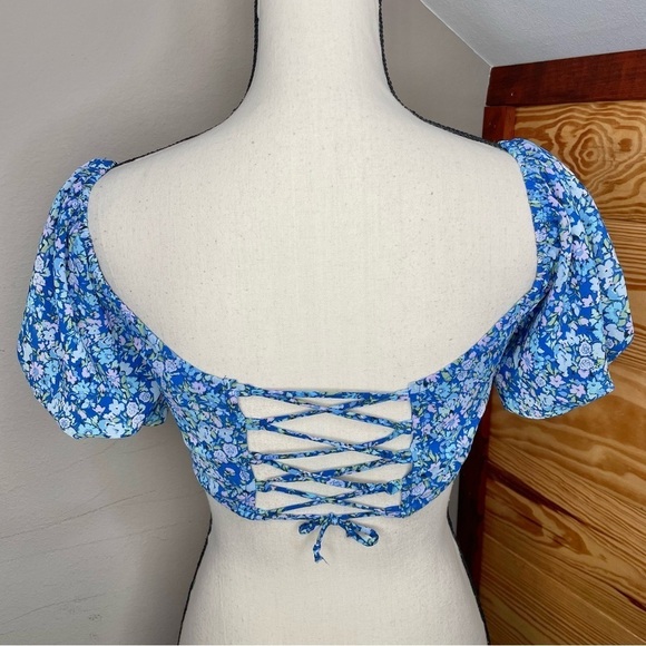 Wild Fable Blue Floral Puff Sleeve Sweetheart Neck Crop Top Extra Small NWT - Picture 4 of 9